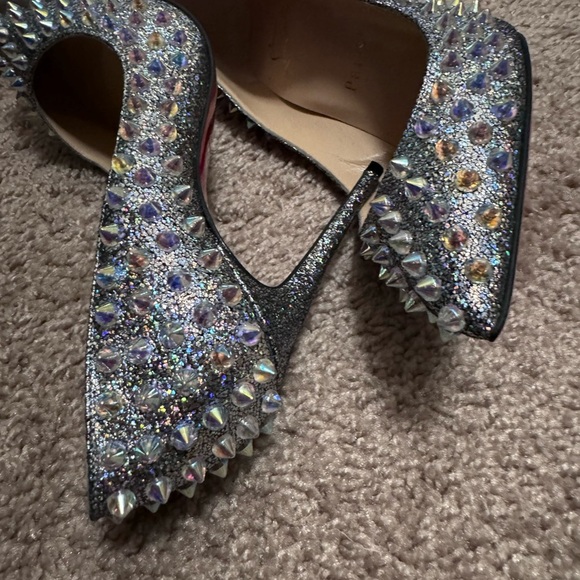 RARE Christian Louboutin Studded Silver & Suede Holographic Heels - Picture 15 of 16